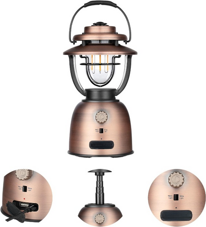 Campinglamp - Kampeerlamp - Retro Stijl - Dimbare - Verstelbaar - Draagbare - met Dubbele Lichtbron - Noodstroombank - USB Oplaadbaar - voor Camping - Noodsituatie - IPX5 Waterdicht - 500Lm - 16000 mAh - 12.3 x 22.5 x 12.3 cm - Vintage Koperen Afwerking
