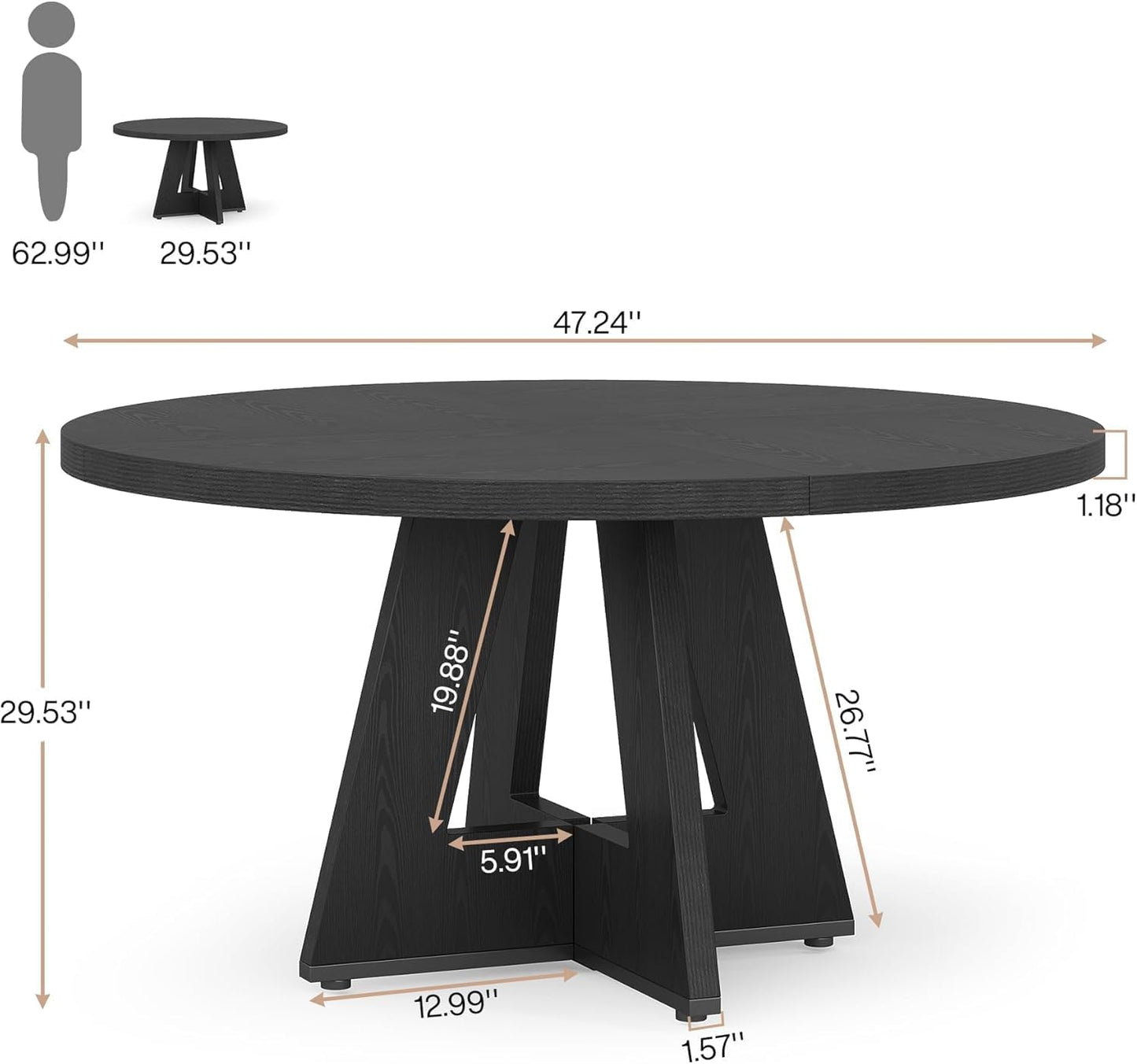 Lailang 120cm Eettafel, Ronde Eetkamertafel, Industrial Dining Table, Houten Eettafel, Dining Table for 4, Modern Eetkamertafel, 120 x 120 x 75 cm, Black