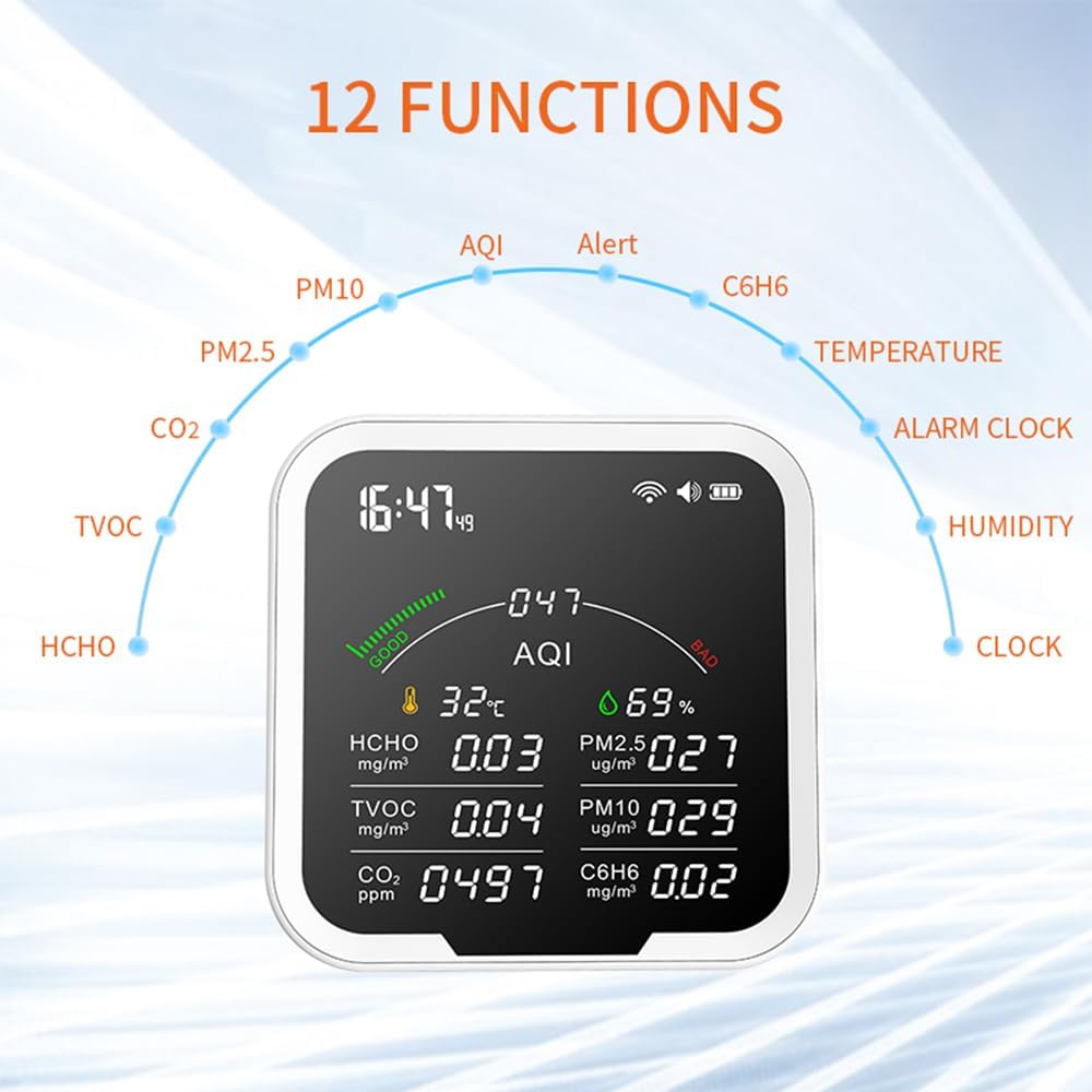 Irfora Draagbare luchtkwaliteitsmeter HCHO/TVOC/CO2/PM2,5/PM10/AQI/C6H6 temperatuur- en luchtvochtigheidstester, 4,8 inch groot scherm kooldioxidedetector met tijdsweergave en wekkerfunctie