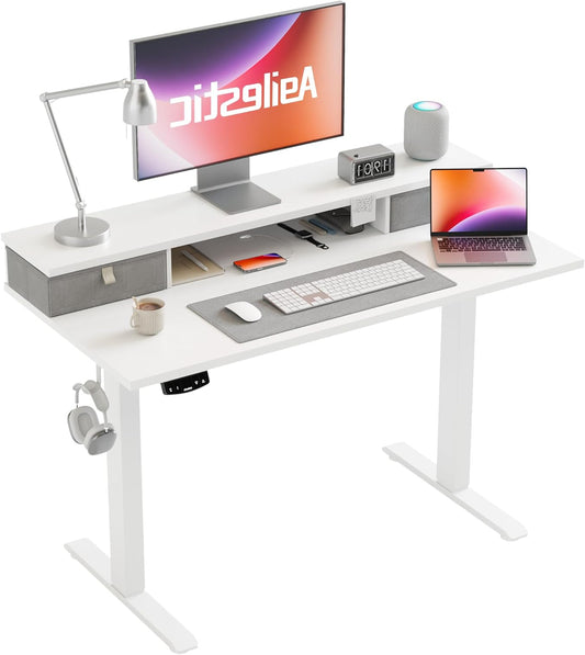 Zitsta Bureau – Sta Bureau – Verstelbaar Bureau – Elektrisch Bureau – Bureaublad 100x60 cm – Elektrische Hoogteverstelling 72-116 cm – 2 Textielen Lades - QUORE