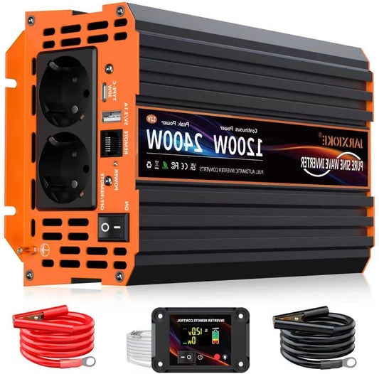 1200W Zuivere Sinus Omvormer – Spanningsomvormer – Stroomomzetter – Inverter – DC Naar AC Converter – 1200W Continu Vermogen – LCD Afstandsbediening Met USB & Type-C Poorten - QUORE