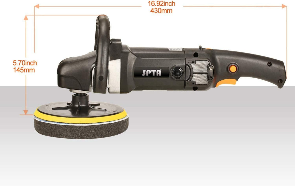 SPTA Polijstmachine, 125 mm/150 mm/180 mm polijstmachine met variabele snelheid, professionele set - slijpmachine 1200 watt + polijstspons accessoireset, polijstschijf, wolschijf voor auto, boot