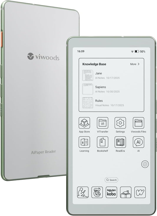 VIWOODS 6,13’’ AiPaper Reader met 4G-connectiviteit, Ultradunne & Lichte E Ink eReader, AI-geïntegreerd, 300PPI, Instelbaar Frontlicht, 128GB Opslag
