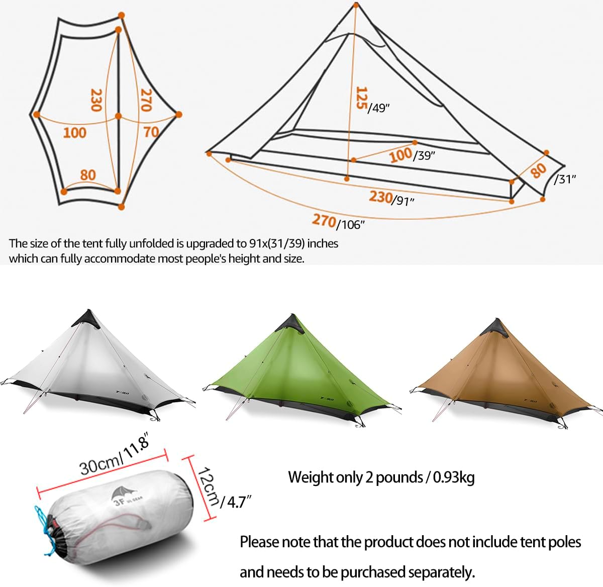 3F Lanshan1 Ultralichte tent 3/4 seizoenen draagbare backpacktent voor 1 persoon 15D siliconen gecoat waterdicht poleless dubbellaagse tent voor kamperen, klimmen, wandelen