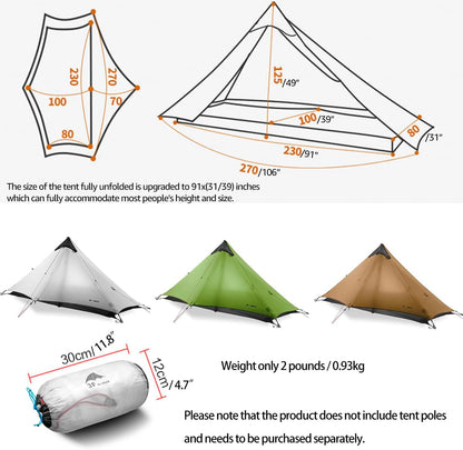 3F Lanshan1 Ultralichte tent 3/4 seizoenen draagbare backpacktent voor 1 persoon 15D siliconen gecoat waterdicht poleless dubbellaagse tent voor kamperen, klimmen, wandelen