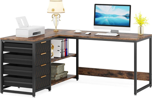 Hoekbureau – L-vormig bureau – Bureautafel – Computerbureau – Schrijftafel – 150x110 cm – 4 Lades en 2 Open Planken – Industrieel Design Bruin - QUORE