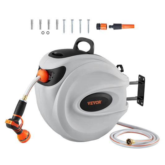 VEVOR Intrekbare tuinslanghaspel, 1/2" x 100 ft wandgemonteerde slanghaspel, robuuste tuin met 9 patronen mondstuk, elk lengteslot, automatisch terugspoelen langzaam retoursysteem en 180 ° draaibare