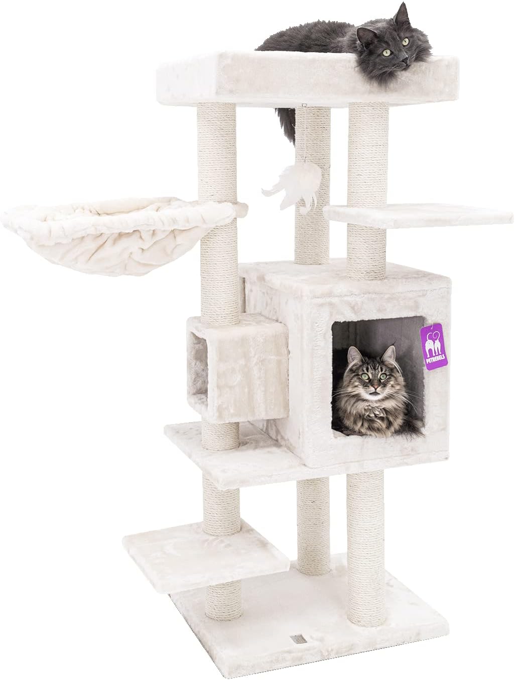 Krabpaal – Krabmeubel – Kattenboom – Kattenhuis – Kattenmand – 134 cm Hoog – Extra Dikke Sisalstammen 9 cm – Luxe Hangmat & Wasbaar Kussen – Crème