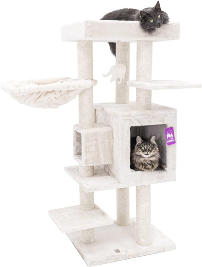 Krabpaal – Krabmeubel – Kattenboom – Kattenhuis – Kattenmand – 134 cm Hoog – Extra Dikke Sisalstammen 9 cm – Luxe Hangmat & Wasbaar Kussen – Crème
