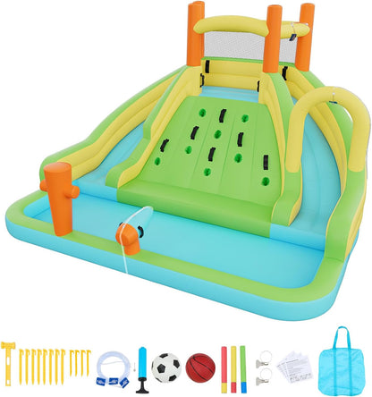 VEVOR Opblaasbaar waterpark voor kinderen, 405 x 347 x 255 cm, voor buiten, opblaasbaar slot met 2 glijbanen, klimwand, inhoud 3-4 kinderen van 3 tot 8 jaar, waterspel