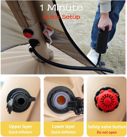 Ruime opblaasbare tent voor 4 personen, snel op te zetten, campingtent, waterdicht (2000 mm+), 4-seizoenen familietent met eenvoudige montage