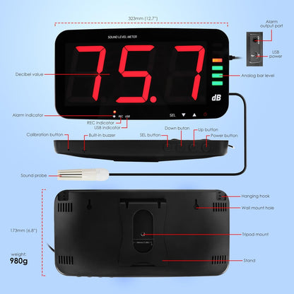 Digitale Geluidsniveaumeter 30~130dB Geluidsmeting Decibelmeter 13" HD Breedbeeldscherm Wandgemonteerd met Datalogfunctie en Geluidsalarm