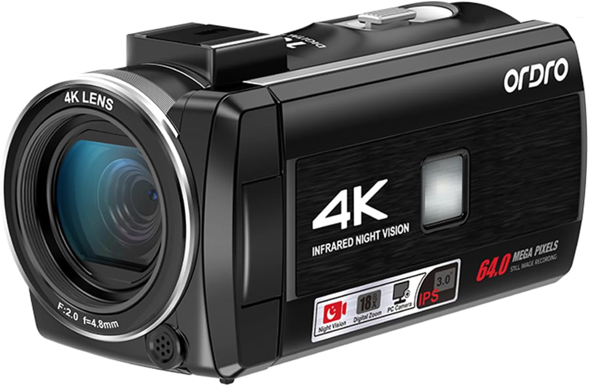 ORDRO Z36 4K/30fps camcorder, 64MP vlogging camera met 18x digitale zoom, led-fill light, 3,0 inch scherm, IR nachtzicht, vlogging camera voor YouTube
