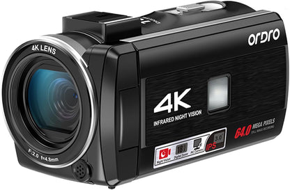 ORDRO Z36 4K/30fps camcorder, 64MP vlogging camera met 18x digitale zoom, led-fill light, 3,0 inch scherm, IR nachtzicht, vlogging camera voor YouTube