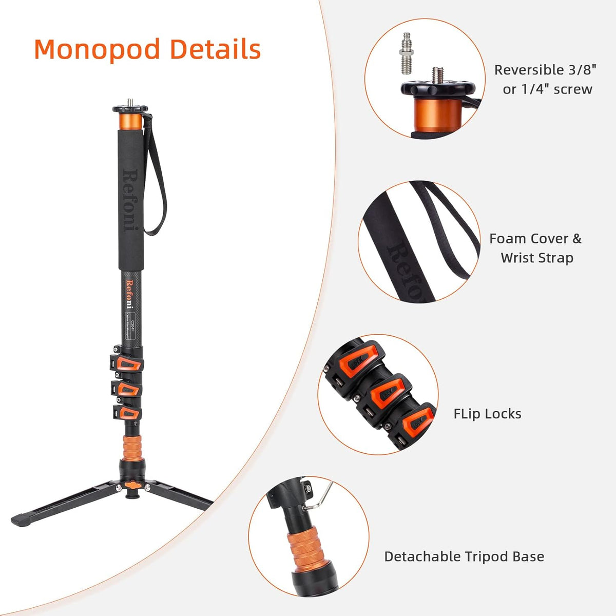 C304F Koolstofvezel monopod camera monopod, 173 cm telescopisch reismonopod 4-segmentair met afneembare statiefvoet, belastbaar tot 25 kg voor DSLR-camera camcorder