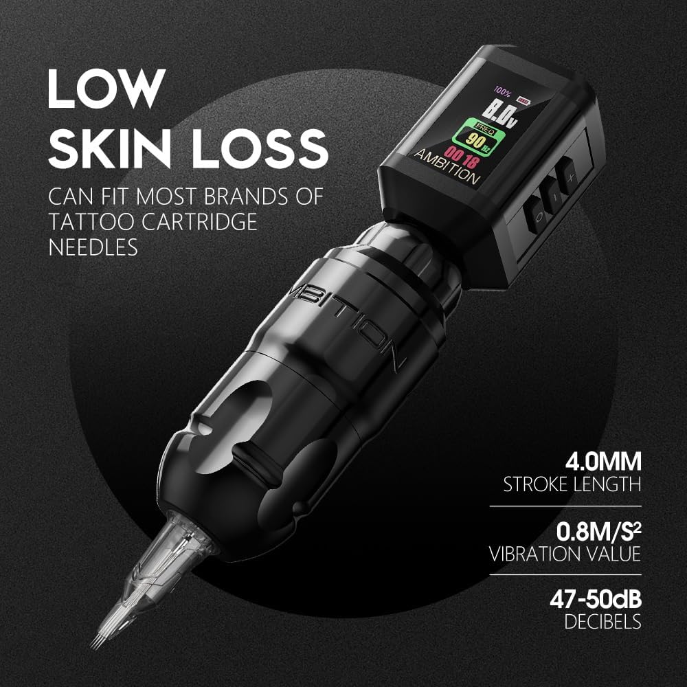 Ambition Lutin Rotary Tattoo Machine met Korall Tattoo Voeding 2200mAh Straight Drive Bar - Draadloze Tattoo Machine Korte Tattoo Pen met Brushless Motor met RCA-kabel voor tatoeëerder