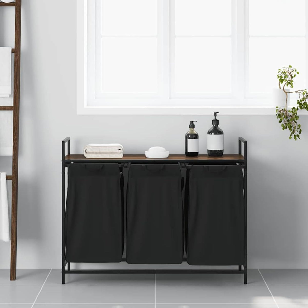 Gecheer Laundry basket 3 compartments with shelf brown oak look, laundry basket laundry basket laundry basket for baby clothes bedding shoes 859064 - QUORE
