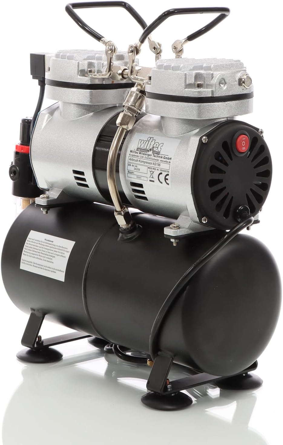 Wiltec airbrush compressor AS196 met luchttank 2-cilinder zuiger 6 bar automatische uitschakelfunctie