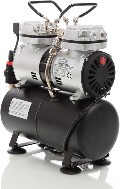 Wiltec airbrush compressor AS196 met luchttank 2-cilinder zuiger 6 bar automatische uitschakelfunctie