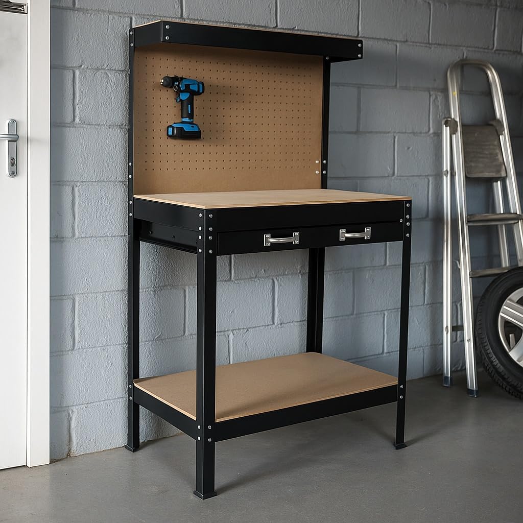 Werkbank 1150x550x1400 mm met gatenwand en ophanghaken, groot MDF-werkblad en stalen frame