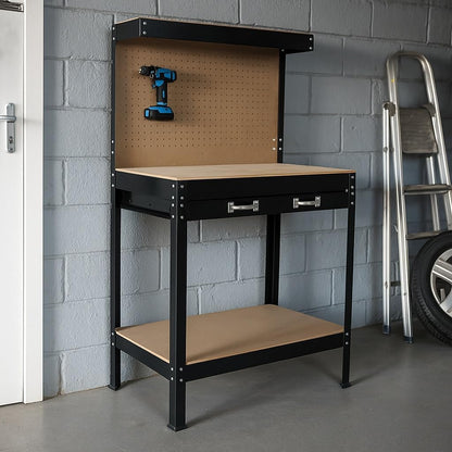 Werkbank 1150x550x1400 mm met gatenwand en ophanghaken, groot MDF-werkblad en stalen frame