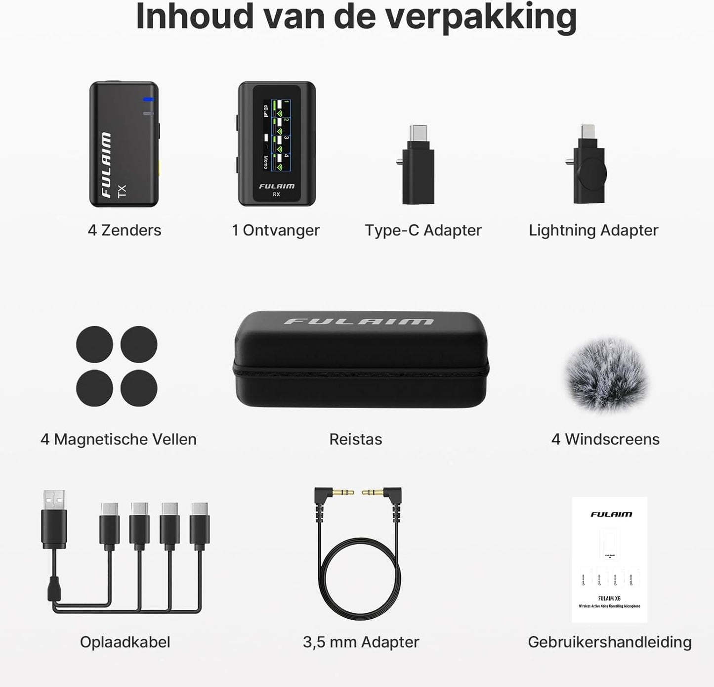 FULAIM X6 Compact, Draadloos Digitaal Microfoonsysteem voor 4 Personen, voor Camera's en Smartphones (2,4 GHz) - Ideaal voor Interviews, Vlogging, Podcasts, Online Lessen, Live Streaming