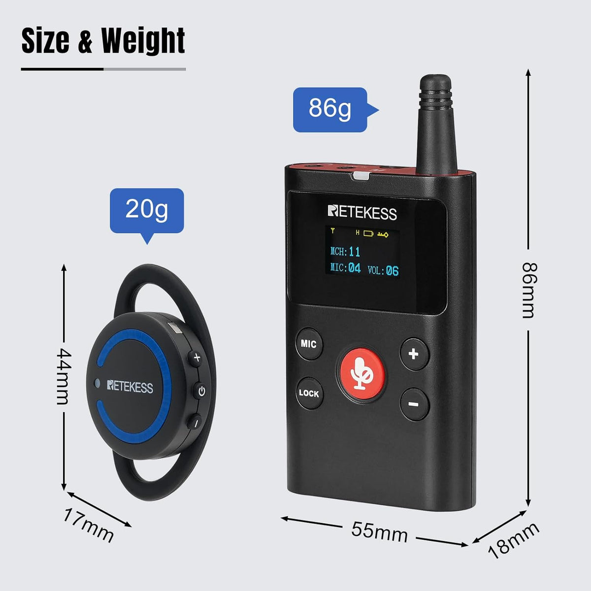 Retekess TT126R Tweeweg Audiogeleidingssysteem, 280m full Duplex Oorhaak Mini-ontvanger, Draadloos Communicatiesysteem voor Paardensporttraining, VIP-Receptie (1 Zender 15 Ontvangers)