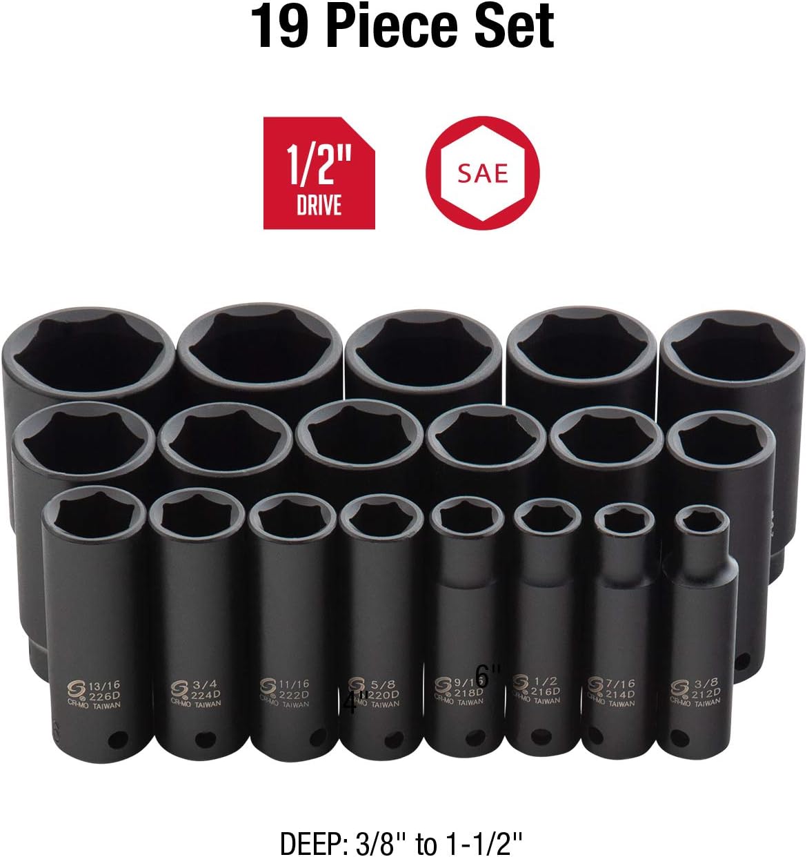 Sunex 2641, 1/2 Inch Drive Deep Impact Socket Set, 19-delig, SAE, 3/8" - 1-1/2", Cr-Mo Legering Staal, Radius Corner Design, Dual Size Markeringen, Heavy Duty Storage Case