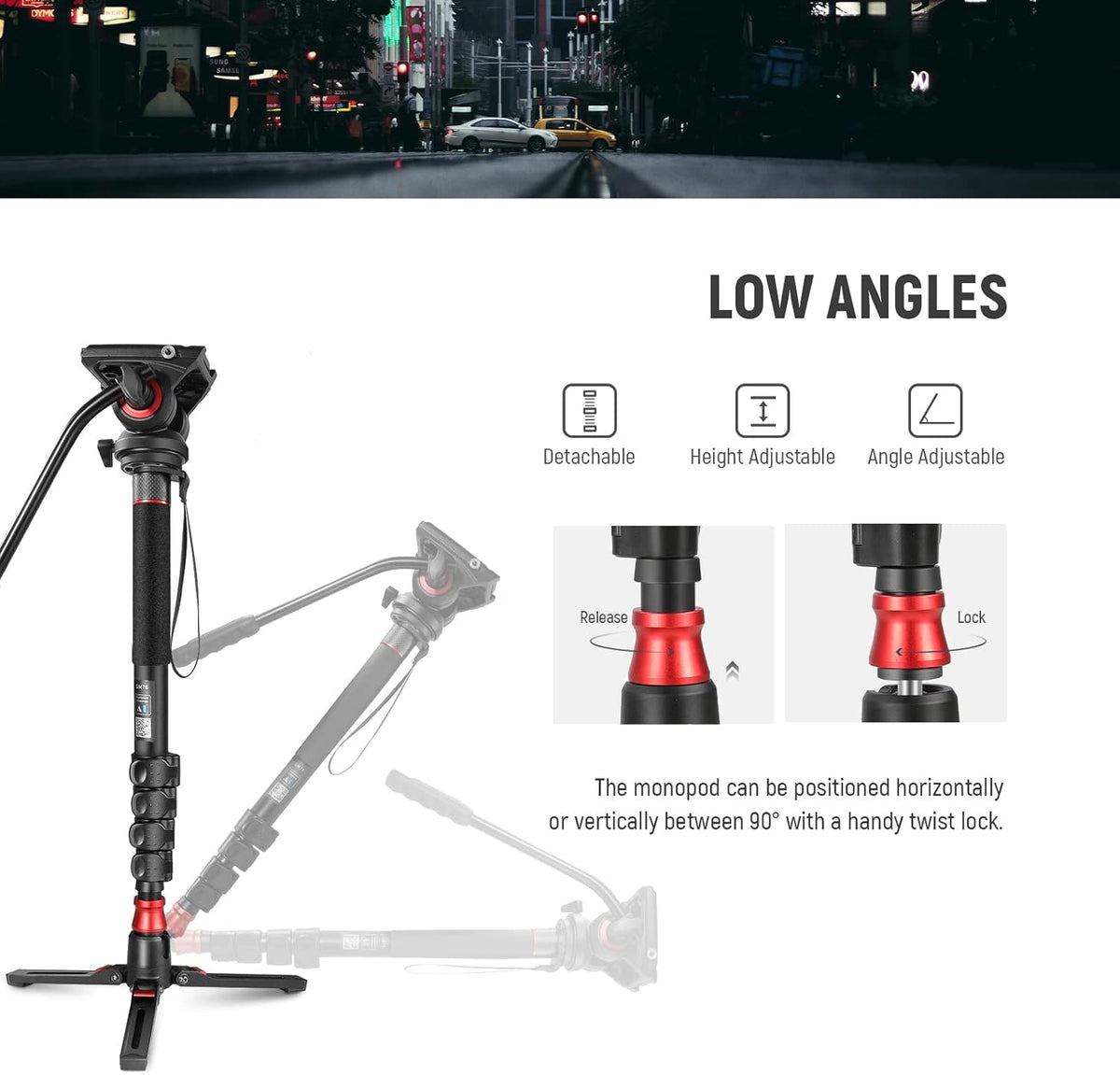 NEEWER GM76 Professionele camera monopod met voeten, 179 cm, telescopisch, draagbaar, aluminium, monopod, zwenkbaar, vloeistofkop en afneembare statiefvoet voor DSLR-camera, maximale belasting 6 kg