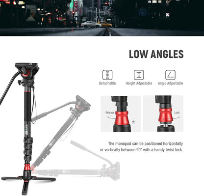 NEEWER GM76 Professionele camera monopod met voeten, 179 cm, telescopisch, draagbaar, aluminium, monopod, zwenkbaar, vloeistofkop en afneembare statiefvoet voor DSLR-camera, maximale belasting 6 kg