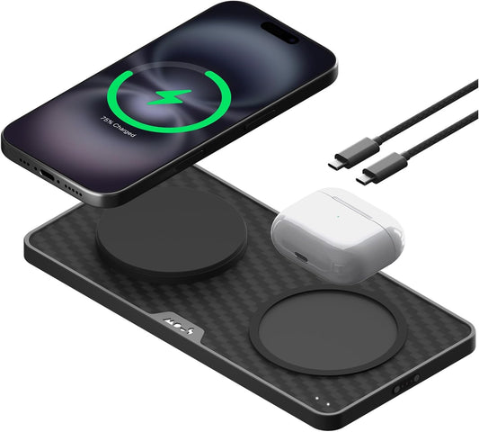 Mous - Dual Charging Station met Qi2 tot 15W snel opladen - MagSafe oplader compatibel met iPhone 16/15/14/13/12 serie en Airpods - USB-C kabel - Aramide Fibre