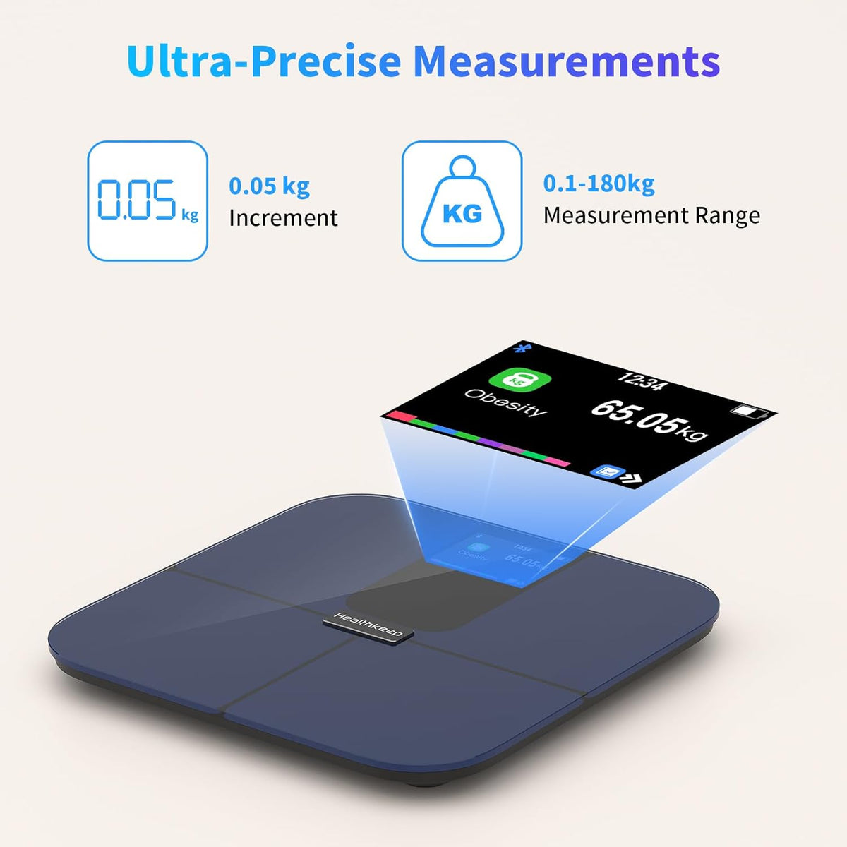 Healthkeep Personenweegschaal met Bluetooth, met TFT-kleurendisplay en ITO-technologie, 25 lichaamsgegevens met hartslag, app voor Andriod en iOS 180 kg/400 lb/28 st, blauw