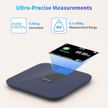 Healthkeep Personenweegschaal met Bluetooth, met TFT-kleurendisplay en ITO-technologie, 25 lichaamsgegevens met hartslag, app voor Andriod en iOS 180 kg/400 lb/28 st, blauw