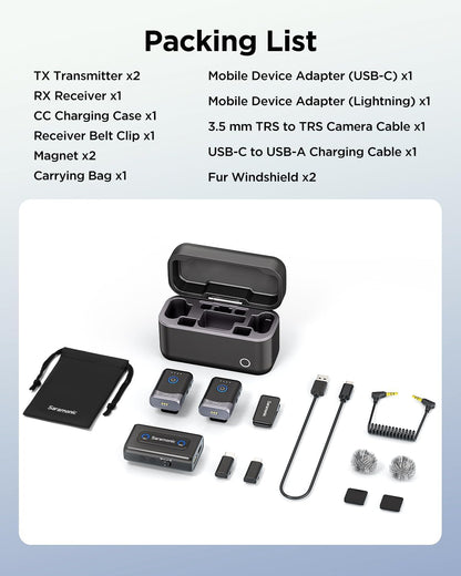 Draadloze Microfoonset – Draadloze Microfoon – Lavalier Microfoon – Dasspeldmicrofoon – Vlog Microfoon – 2 Zenders + 1 Ontvanger – 200 M Bereik – USB-C, Lightning En 3,5 Mm Compatibel