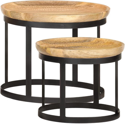 vidaXL Side table round 2 pcs solid mango wood and steel