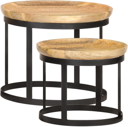 vidaXL Side table round 2 pcs solid mango wood and steel