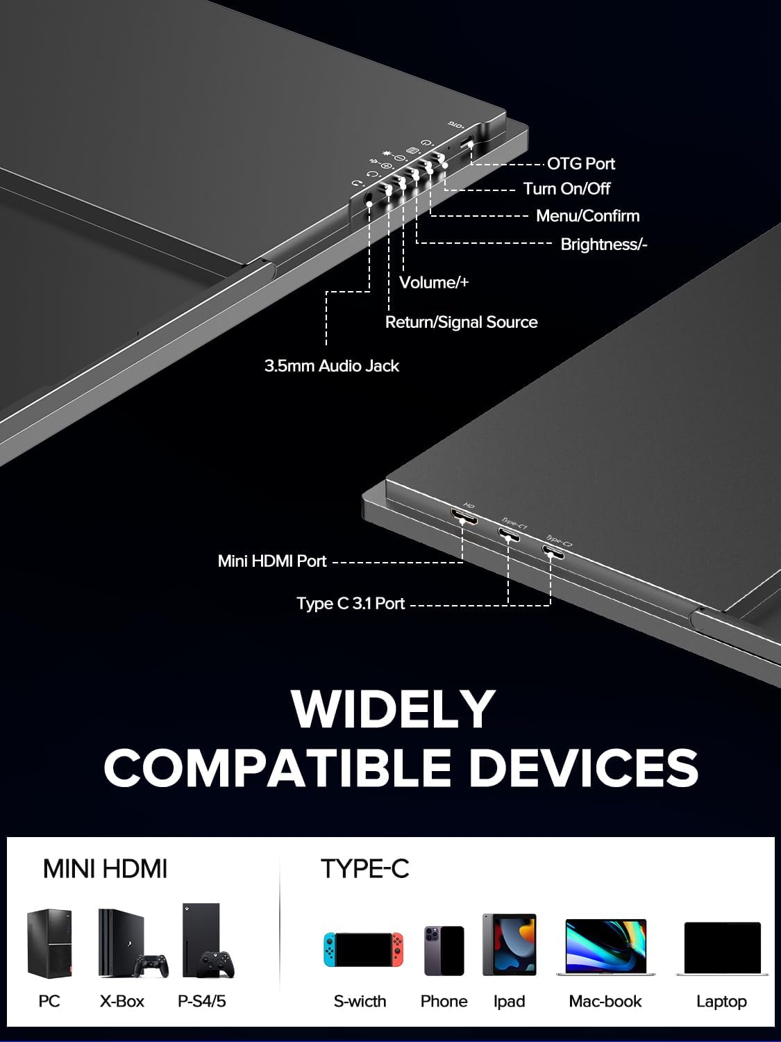UPERFECT 24.5" 2K 165Hz Portable Monitor with 2560 * 1440 QHD IPS Screen Mini HDMI USB C for PC Laptop Game Console, Mobile Display VESA compatible - QUORE