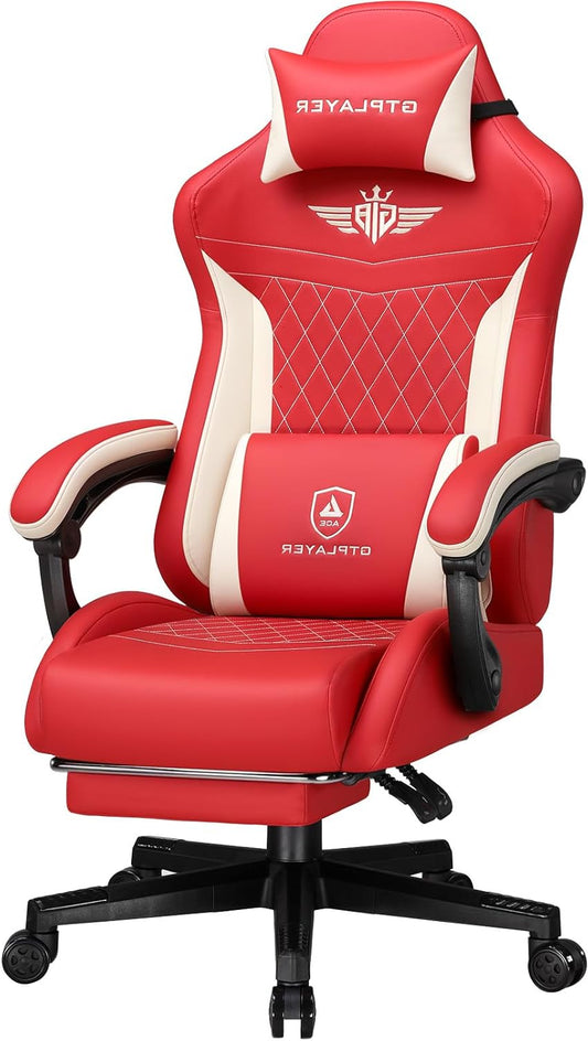 GTPLAYER Ergonomic Faux Leather Gaming Chair with Lumbar Support Computer Chair with Extended Backrest, Supports up to 150 kg, Red - QUORE
