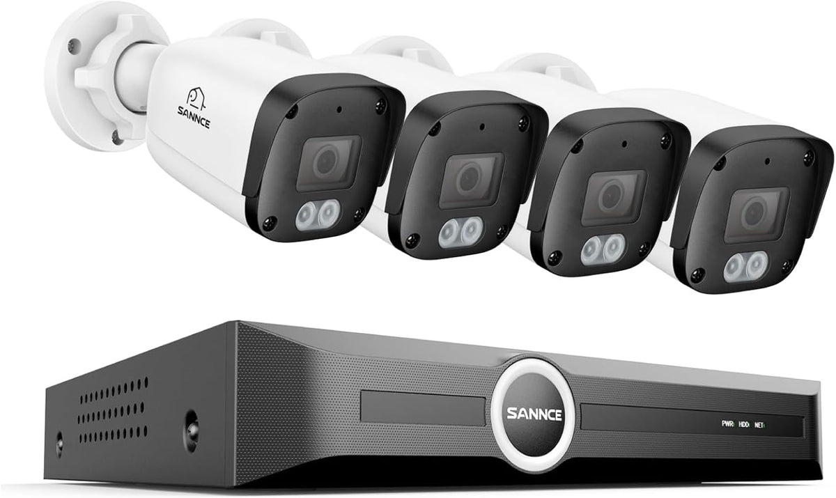 SANNCE PoE Bewakingscameraset, 5MP, 8CH NVR + 4 x 5 MP, waterdichte camera, smart IR-leds, bewegingsdetectie, app-alarm, nachtzicht tot 30 meter
