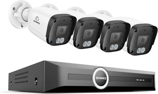 SANNCE PoE Bewakingscameraset, 5MP, 8CH NVR + 4 x 5 MP, waterdichte camera, smart IR-leds, bewegingsdetectie, app-alarm, nachtzicht tot 30 meter