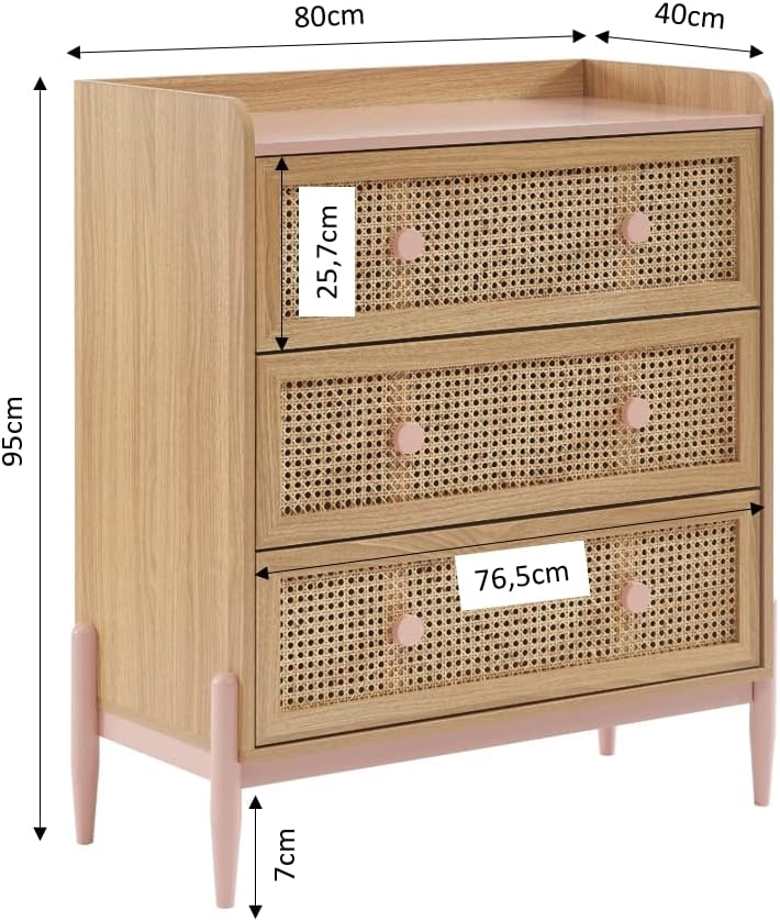 BAÏTA Kindercommode Pablo roze en rotan riet