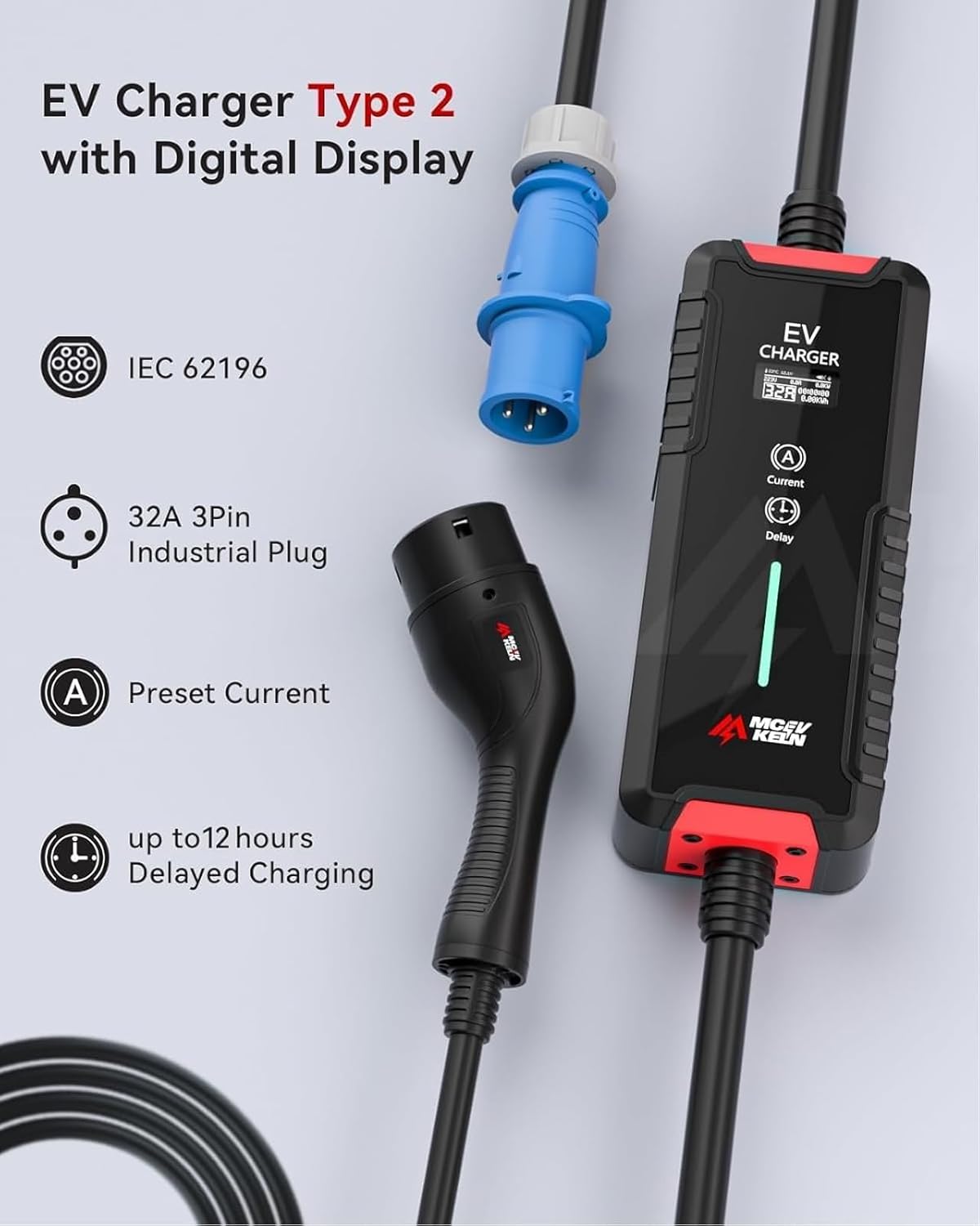 Type 2 EV Oplaadkabel – Laadkabel Elektrische Auto – EV Charger Kabel – Mode 3 Laadkabel – CEE Stekker Kabel – 7 Meter Lang – 6-32A Instelbare Stroom – Vertragingstimer Tot 8 Uur