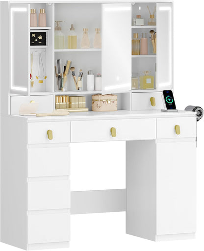 Hzuaneri Large Dressing Table with Mirror, Dressing Table with LED Lighting, with Power Strip and Hair Holder, 3 Colours, Adjustable Brightness, 8 Drawers, 1 Storage Cabinet, White DT42003XEU
