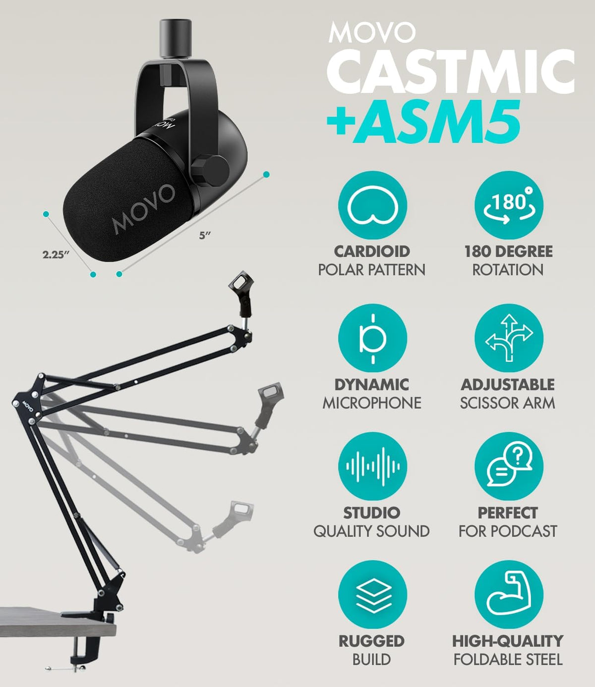 Movo Draagbare podcast-apparatuurbundel voor iPhone/Android-telefoons - Podcastkit met audio-interface, 2 CastMic dynamische microfoons, 2 koptelefoons, 2 giekarmen - voor smartphones, computers, pc
