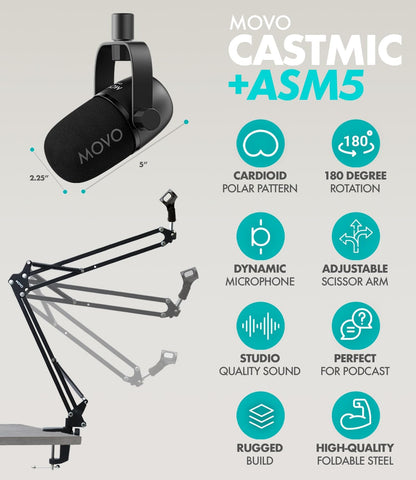 Movo Draagbare podcast-apparatuurbundel voor iPhone/Android-telefoons - Podcastkit met audio-interface, 2 CastMic dynamische microfoons, 2 koptelefoons, 2 giekarmen - voor smartphones, computers, pc