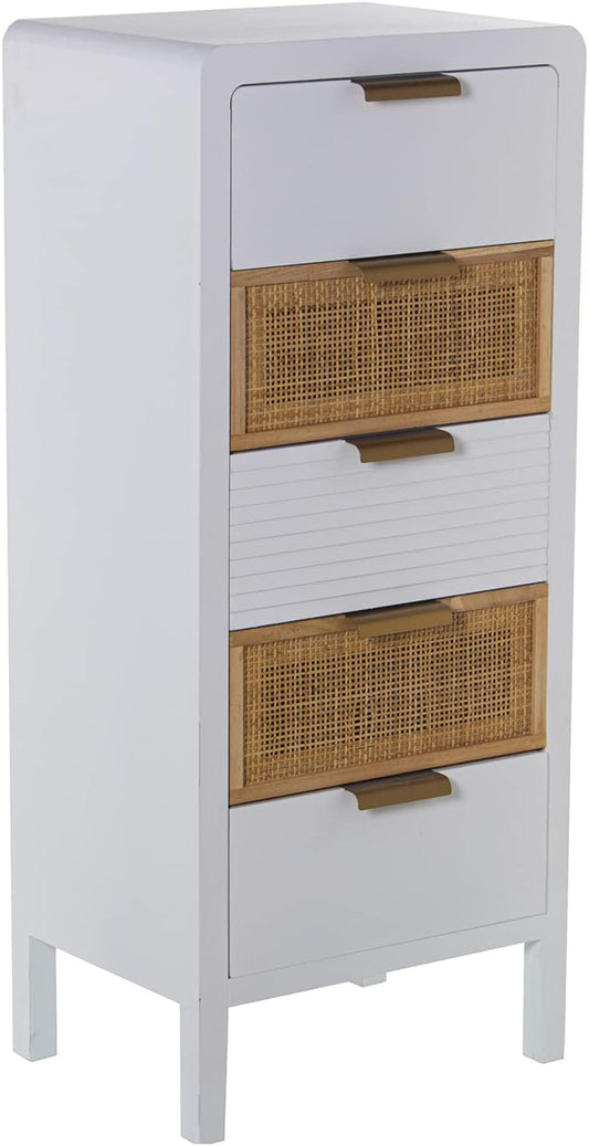 DRW Symfonier met 5 schuifladen van MDF en rotan in wit en natuur 40 x 30 x 92 cm