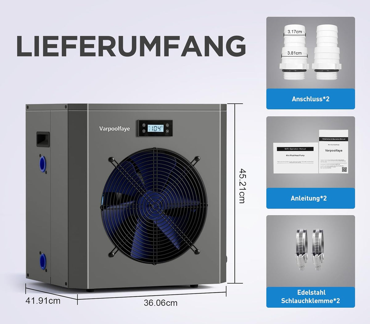 5 KW Elektrische zwembadwarmtepomp voor opbouwzwembad, zwembadverwarming, warmtepomp, zwembad tot 20.000 l, 20 m³, wifi-bediening, 220 V, 240 V, 50 Hz