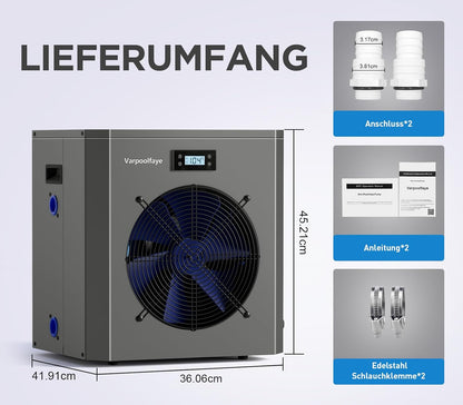 5 KW Elektrische zwembadwarmtepomp voor opbouwzwembad, zwembadverwarming, warmtepomp, zwembad tot 20.000 l, 20 m³, wifi-bediening, 220 V, 240 V, 50 Hz