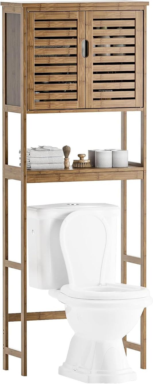 SMIBUY Bathroom Storage Shelf with Cabinet, Bamboo Over Toilet Storage Rack Freestanding Toilet Space Saving with 3-Tier Adjustable Shelves (Walnut) - QUORE