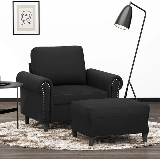 Fauteuil met Kruk – Loungestoel – Moderne Stoel – Armleuningstoel – Leesstoel – Zwart Fluweel – Stevig Multiplex Frame – Comfortabele Dikke Zitting 60 cm